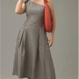 Anthropologie NWT Black and White Gingham One-Shoulder Midi Dress